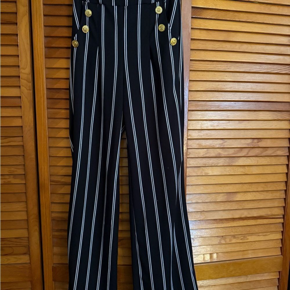 Like an Angel Black and White Striped High Waist Wide Leg Gold Button Pants